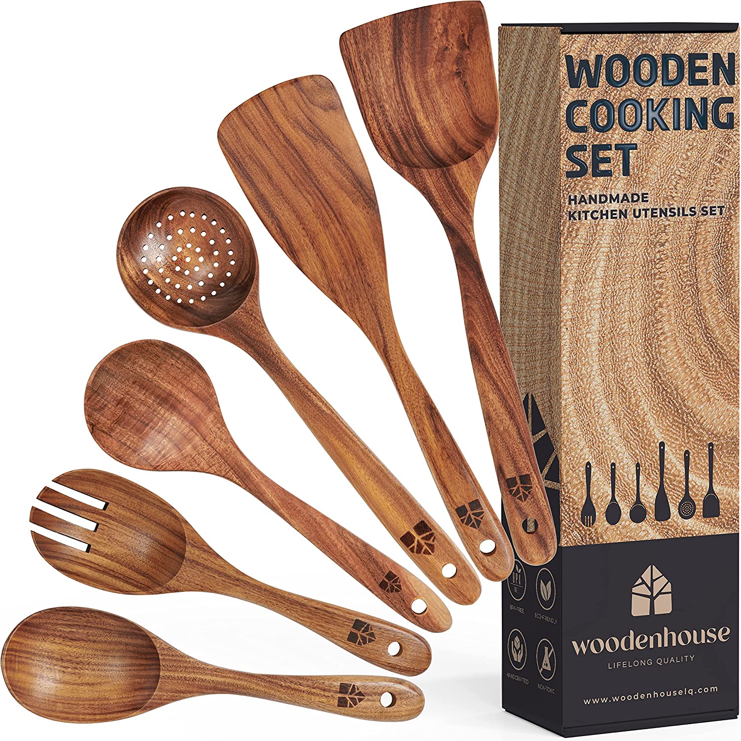 NAYAHOSE Wooden Spoons for Cooking, 6 Pcs Wooden Utensils for Cooking,  Natural Teak Wood Non-Stick Cooking Spoons, Wood Utensils Set for Kitchen