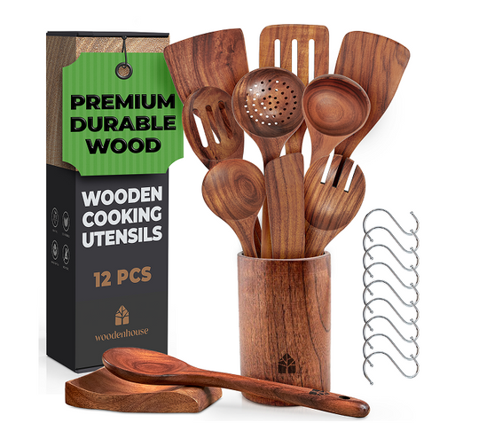 Wooden Cooking Utensils Set with Holder, Spoon Rest & Hooks - 8,12 PCs