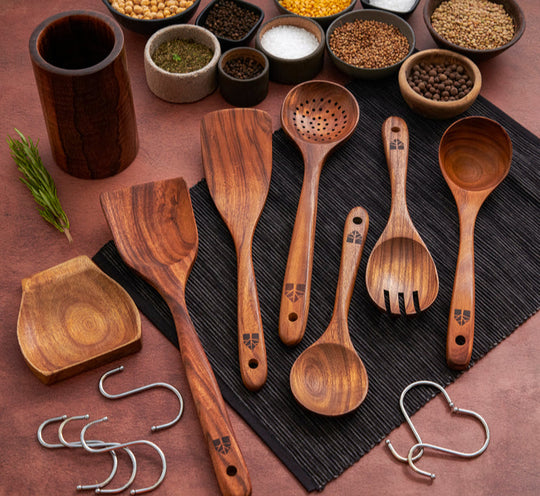 Wooden Cooking Utensils Set with Holder, Spoon Rest & Hooks - 8,12 PCs