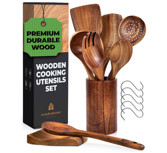 Wooden Cooking Utensils Set with Holder, Spoon Rest & Hooks - 8,12 PCs