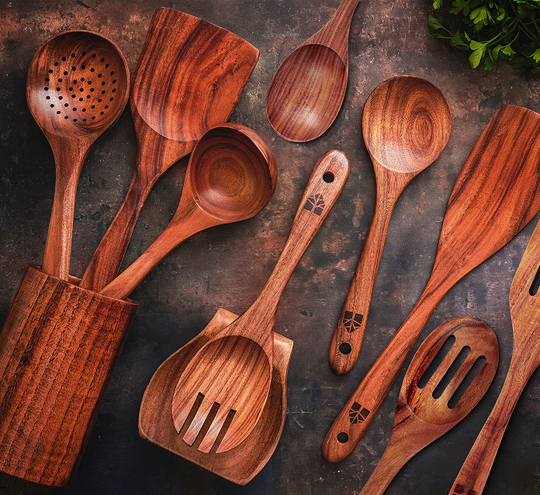 Wooden Cooking Utensils Set with Holder, Spoon Rest & Hooks - 8,12 PCs