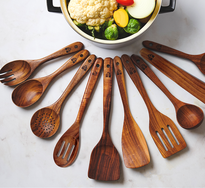 Wooden Cooking Utensils Set with Holder, Spoon Rest & Hooks - 8,12 PCs