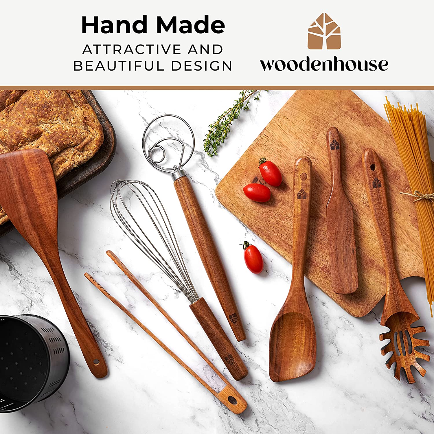 WOODENHOUSE LIFELONG QUALITY wooden ladle spoon set, 3 size teak wood  kitchen serving spoon with back