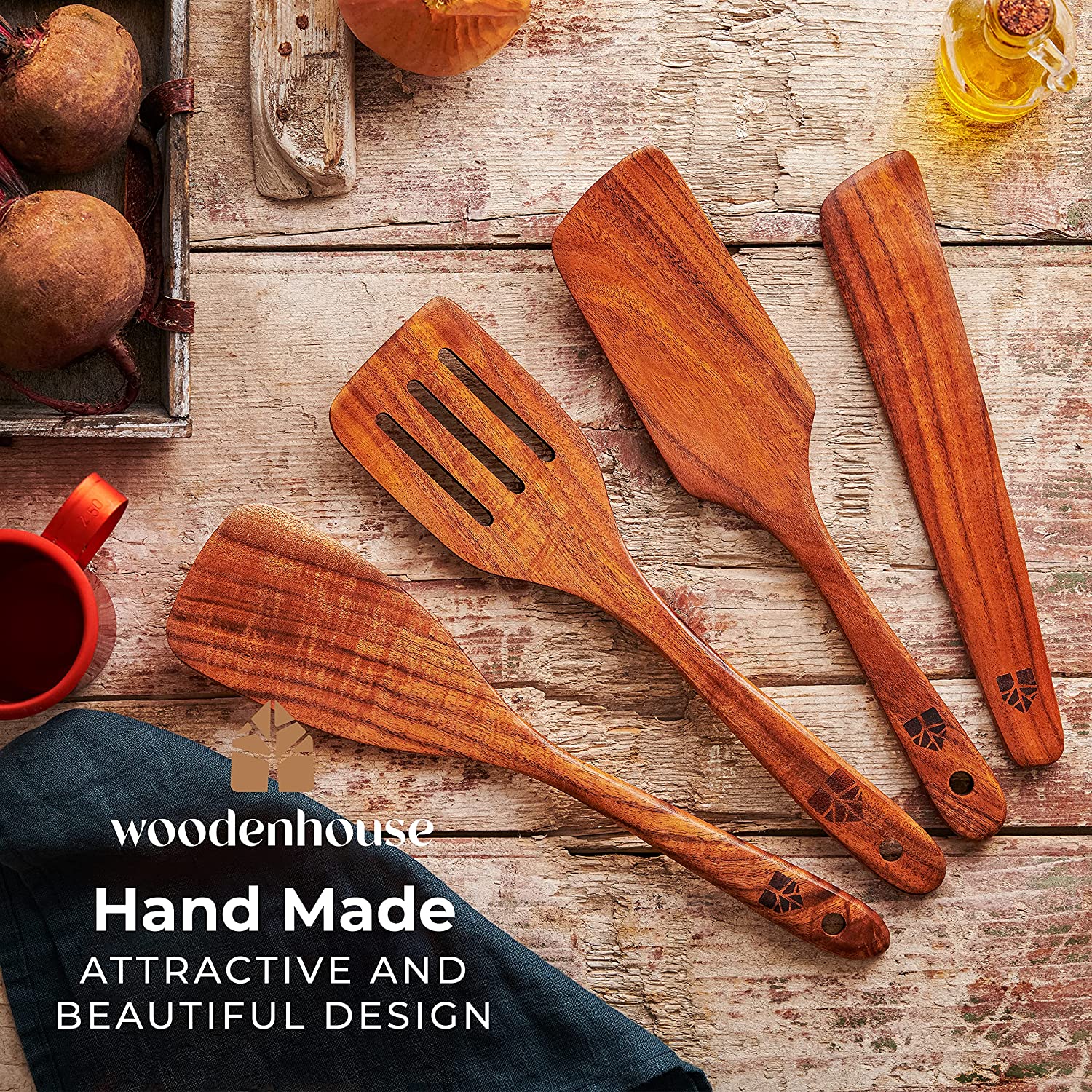 WOODENHOUSE LIFELONG QUALITY Wooden Spatula for cooking, Kitchen Set of 4,  Natural Teak Wooden Utensils including