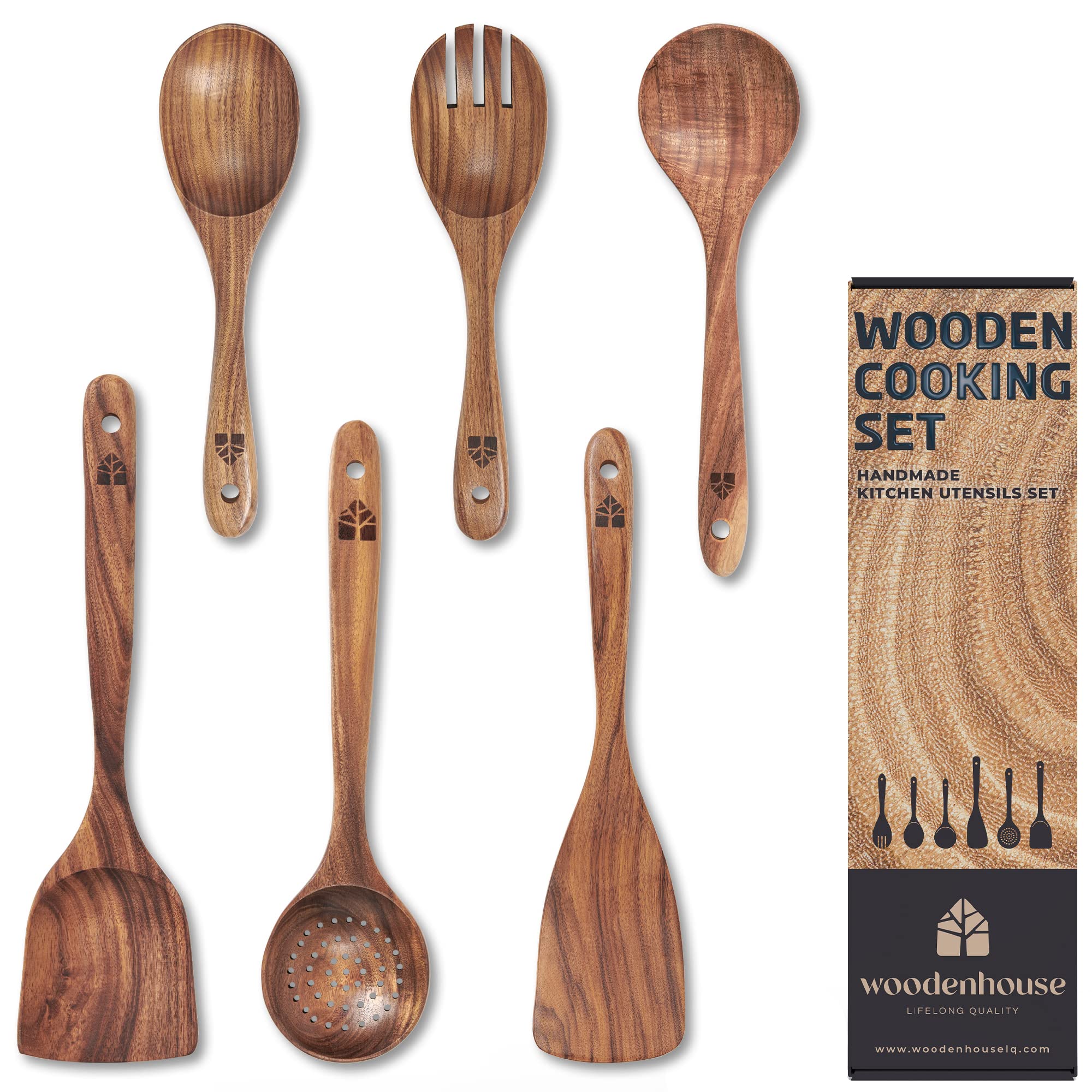Grusce 6 Pcs Wooden Spoons for Cooking,Teak Wooden Cooking