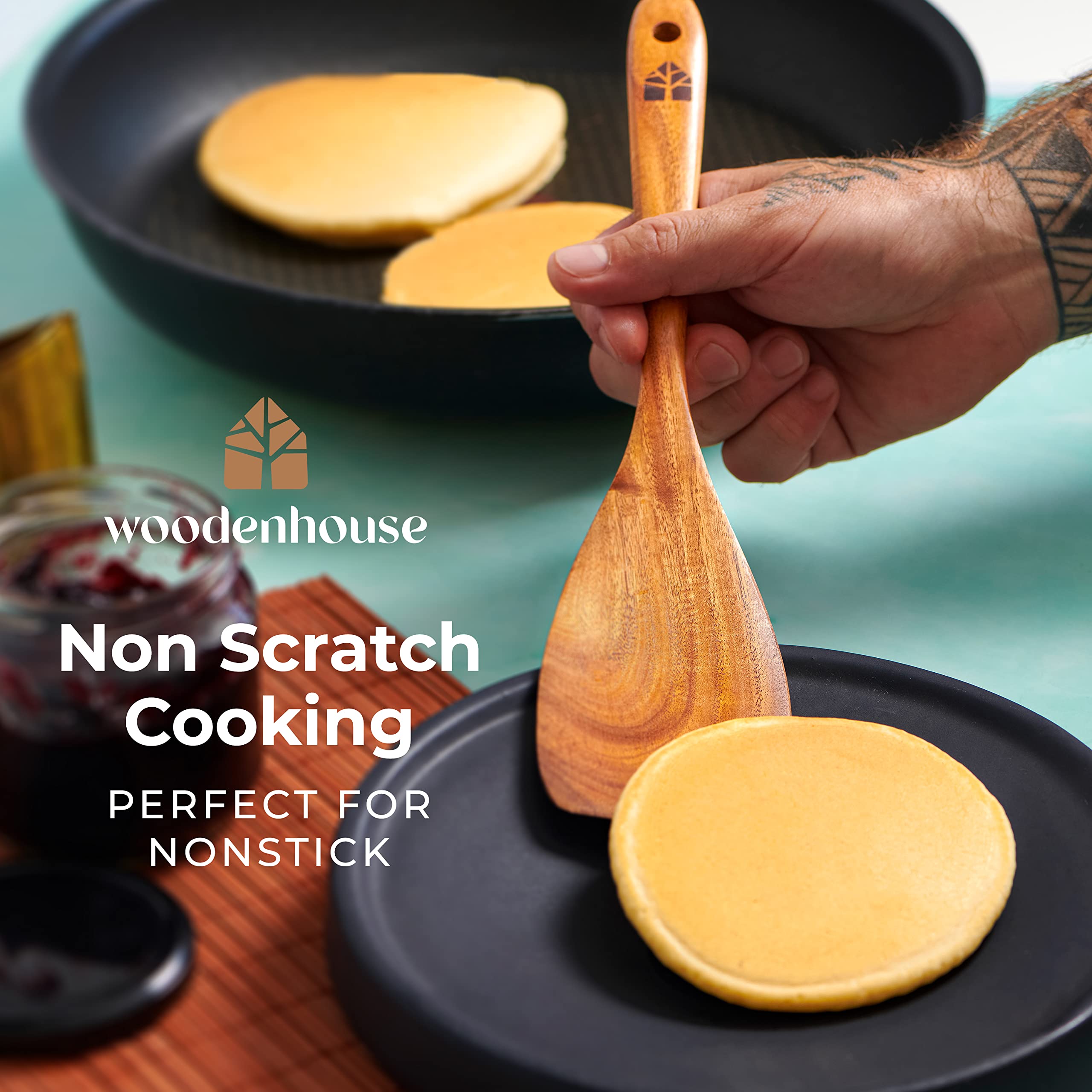 WOODENHOUSE LIFELONG QUALITY wooden spoons for cooking - wooden utensils  for cooking set with holder & spoon rest, teak wood spoons and spatula