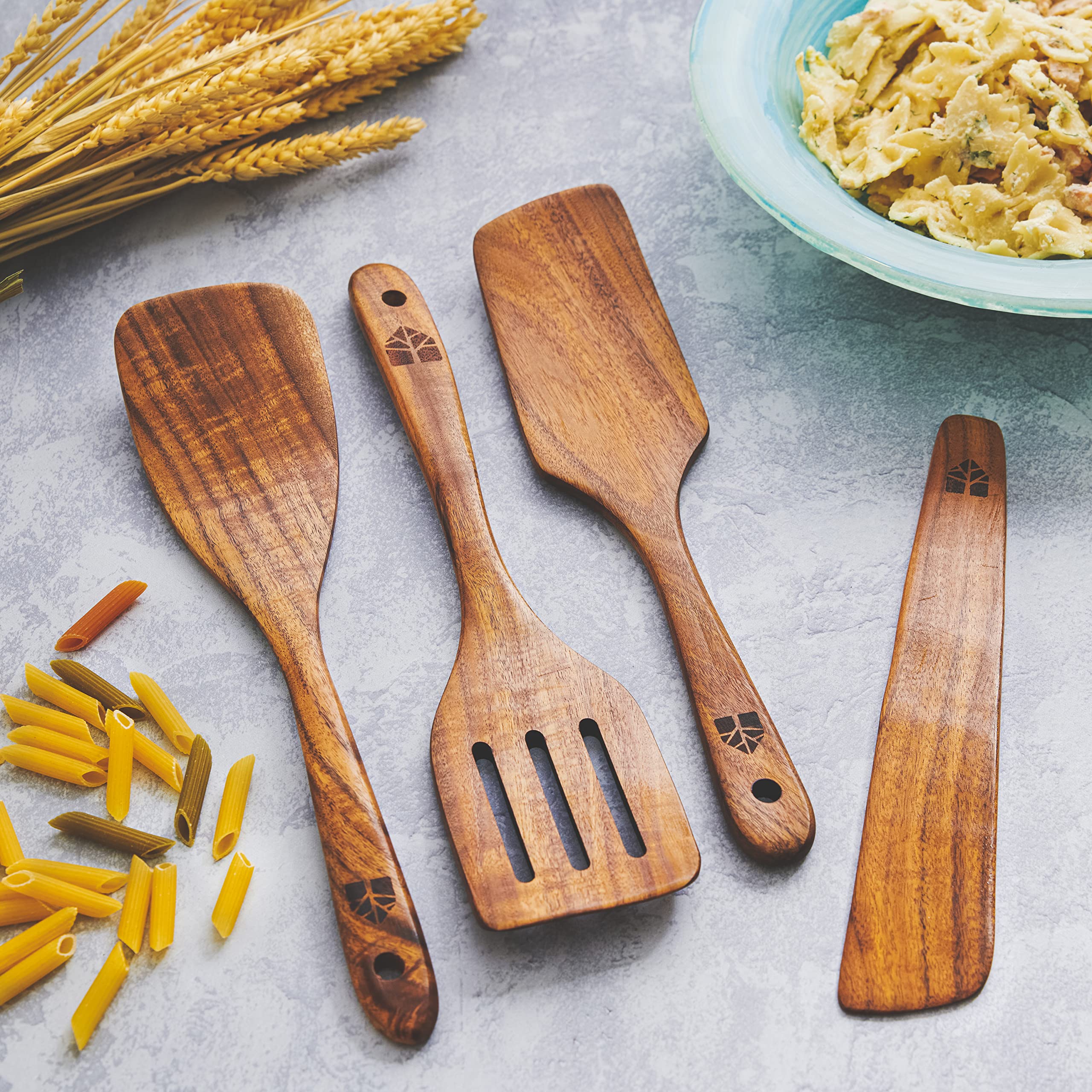 WOODENHOUSE LIFELONG QUALITY Wooden Spatula for cooking, Kitchen Set of 4,  Natural Teak Wooden Utensils including Paddle, Turner Spatula, Slotted