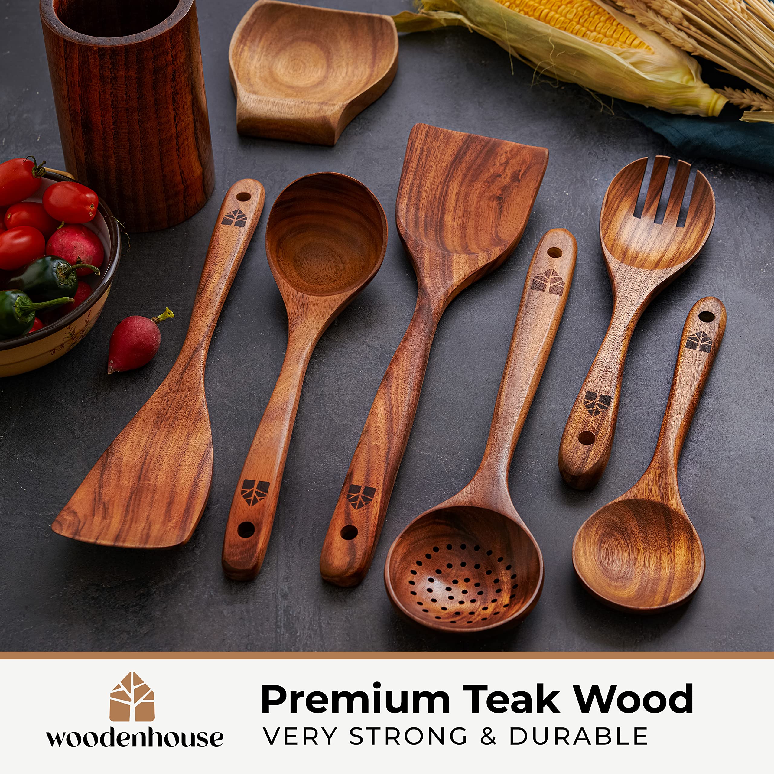 WOODENHOUSE LIFELONG QUALITY Wooden Spatula for cooking, Kitchen Set of 4,  Natural Teak Wooden Utensils including
